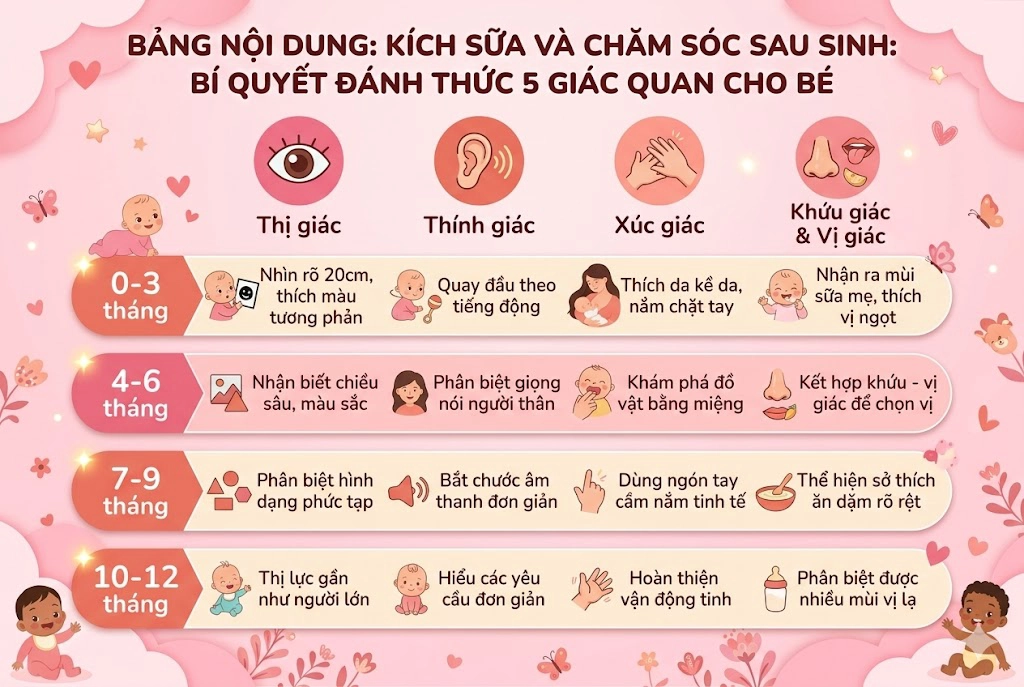 Bảng tổng hợp lộ trình phát triển 5 giác quan giúp mẹ kết hợp kích sữa khoa học với quy trình chăm sóc toàn diện của trẻ.