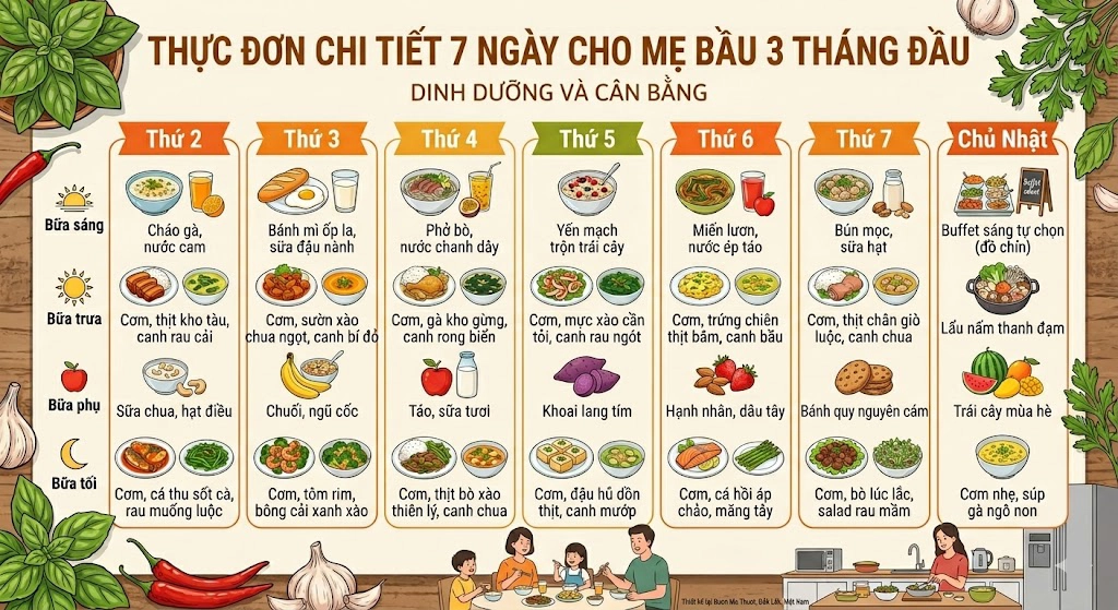 Gợi ý thực đơn chi tiết 7 ngày cho mẹ bầu 3 tháng đầu