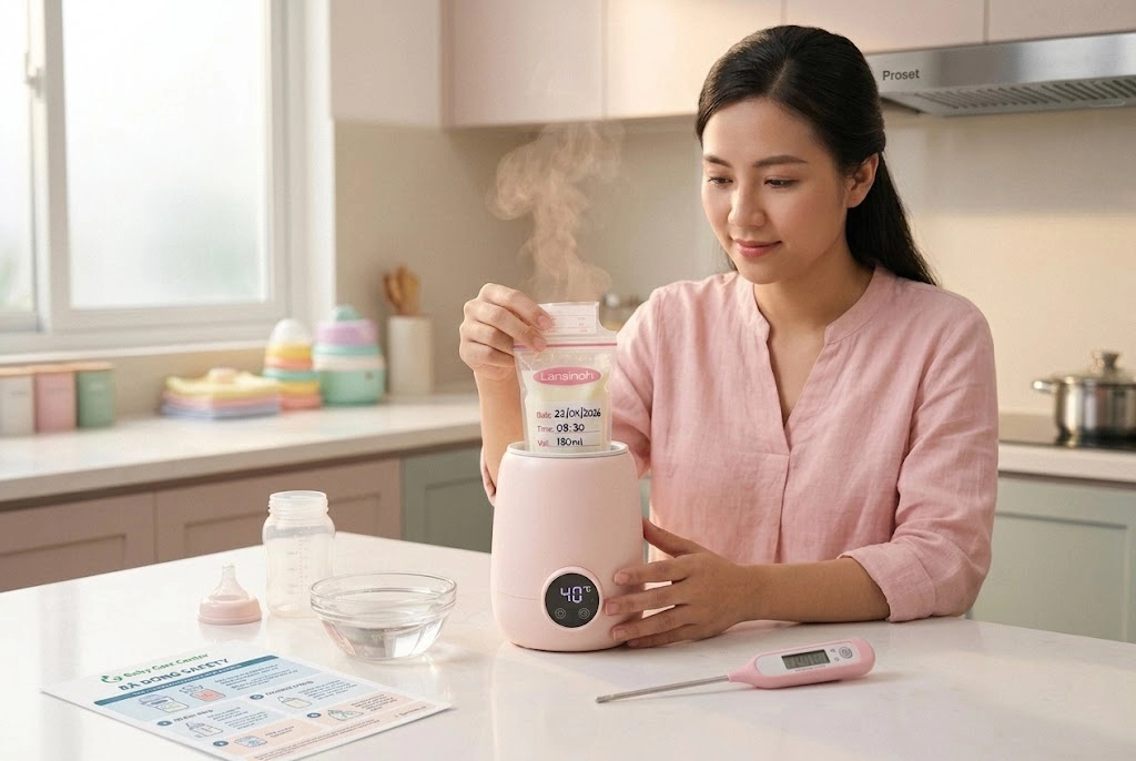 Hình ảnh mẹ hâm sữa chuẩn khoa học sau khi kích sữa và hút sữa cùng Baby Care Center.