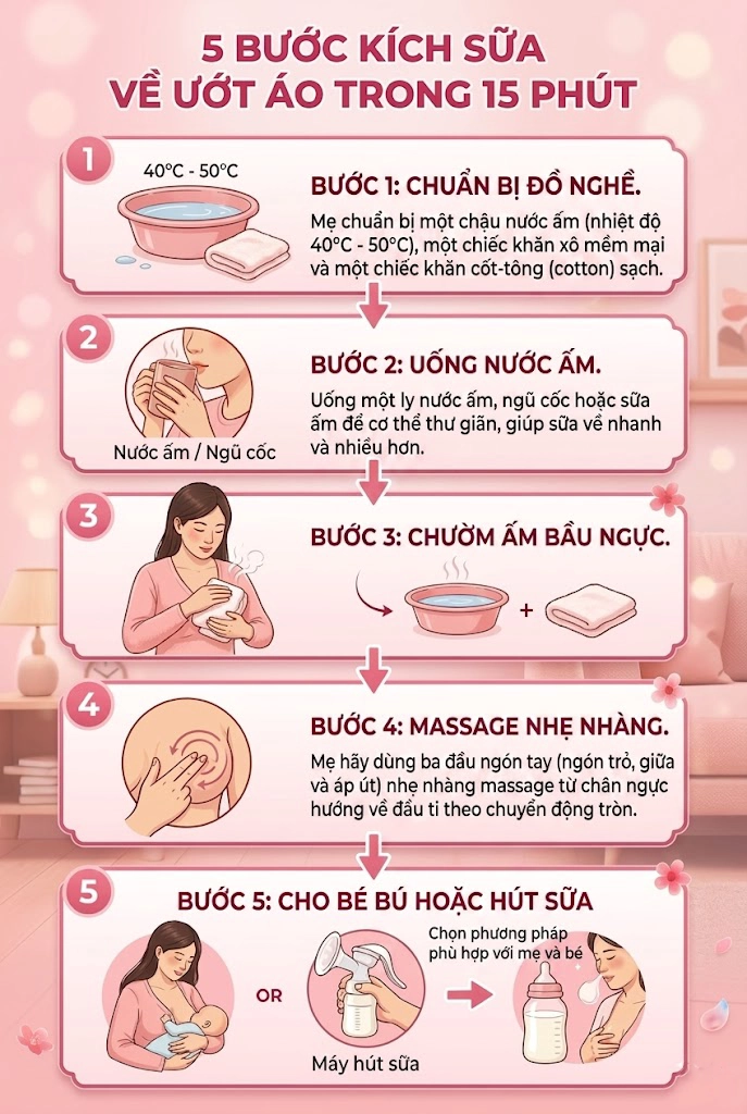 5 bước kích sữa về ướt áo chỉ sau 15 phút