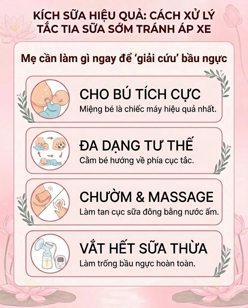 Mẹ tự xử lý tại nhà để thông tắc và tiếp tục lộ trình kích sữa an toàn.