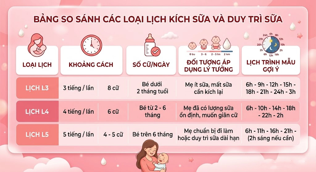 Bảng so sánh chi tiết các lịch trình kích sữa theo L3, L4, L5.