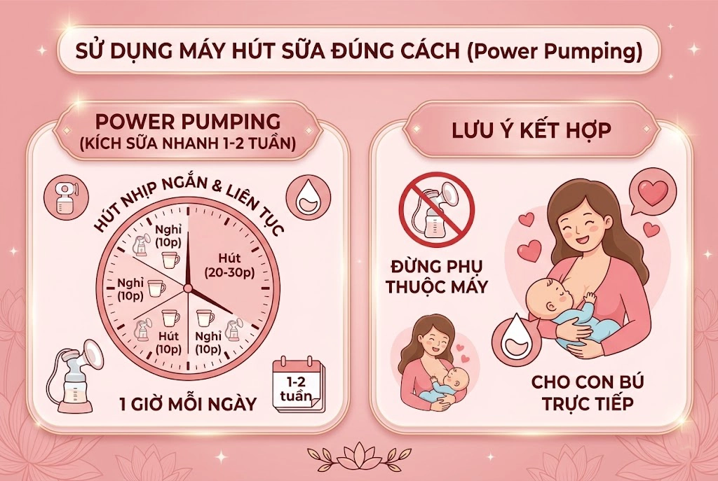 Kích sữa bằng máy hút sữa theo phương pháp "Power Pumping".